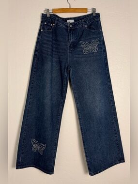 Forever 21 Womens 10 Jeans Medium Blue Wash Wide-Leg with Butterfly Embroidery